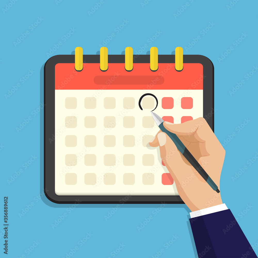 Poster hand with pen mark calendar date in a flat design. date reminder in calendar