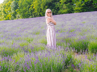 Beautiful blond woman in dress sit between lavender fields in Provence. Violet lavender fields blooming in summer sunlight. Sea of Lilac Flowers landscape. Bunch of scented flowers of French Provence