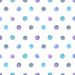 Watercolor seamless pattern of colorful watercolor hand painted circle isolated on white. Round spots, drops of sky blue and violet colors. Perfect for wrapping paper, print, packaging, wallpapers