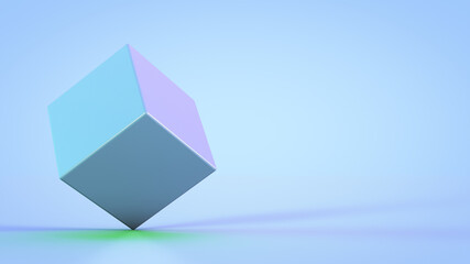Balancing blue cube on a blue background. Abstract backdrop.