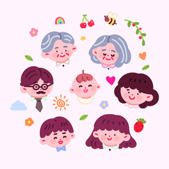 귀여운 대가족 얼굴 일러스트 벡터