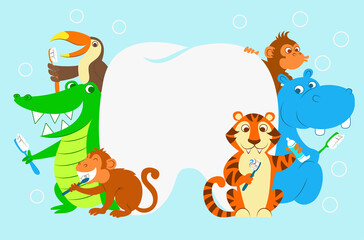 Obraz na płótnie Canvas Vector illustration of tiger, hippo, crocodile, toucan, monkeys brushing their teeth. Placard with plase for text