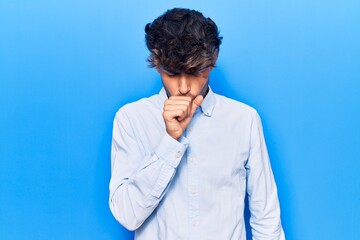 Fototapeta na wymiar Young hispanic man wearing casual clothes feeling unwell and coughing as symptom for cold or bronchitis. health care concept.