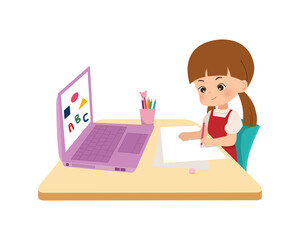 Kids home schooling concept. Online education at home in the middle of corona pandemic. Little girl using laptop for online school in New normal era. Flat style vector isolated on white background.
