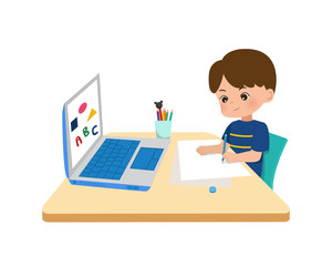 Kids home schooling concept. Online education at home in the middle of corona pandemic. Little boyusing laptop for online school in New normal era. Flat style vector isolated on white background.
