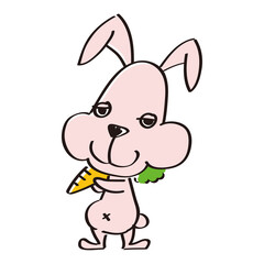 人参を持った眠そうな目のウサギのキャラクターのイラスト。