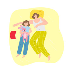 Mother and daughter sleeping in one bed at home on yellow linen together
