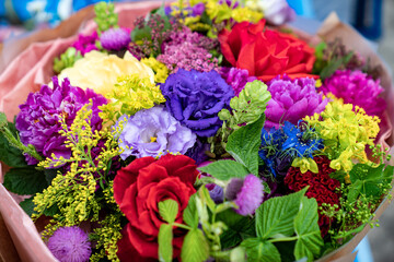 view top. bouquet of colorful flowers. wedding and Valentine's day. delivery.