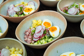 set of products for okroshka is traditional dish of Russian national cuisine