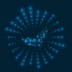 UAE digital map. Glowing rays radiating from the country. Network connections and telecommunication design. Vector illustration.