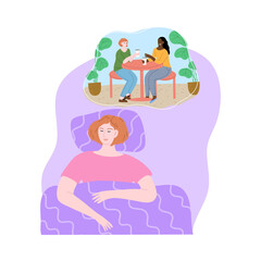 Girl slepping and seing herself drinking coffee with friend in night dream