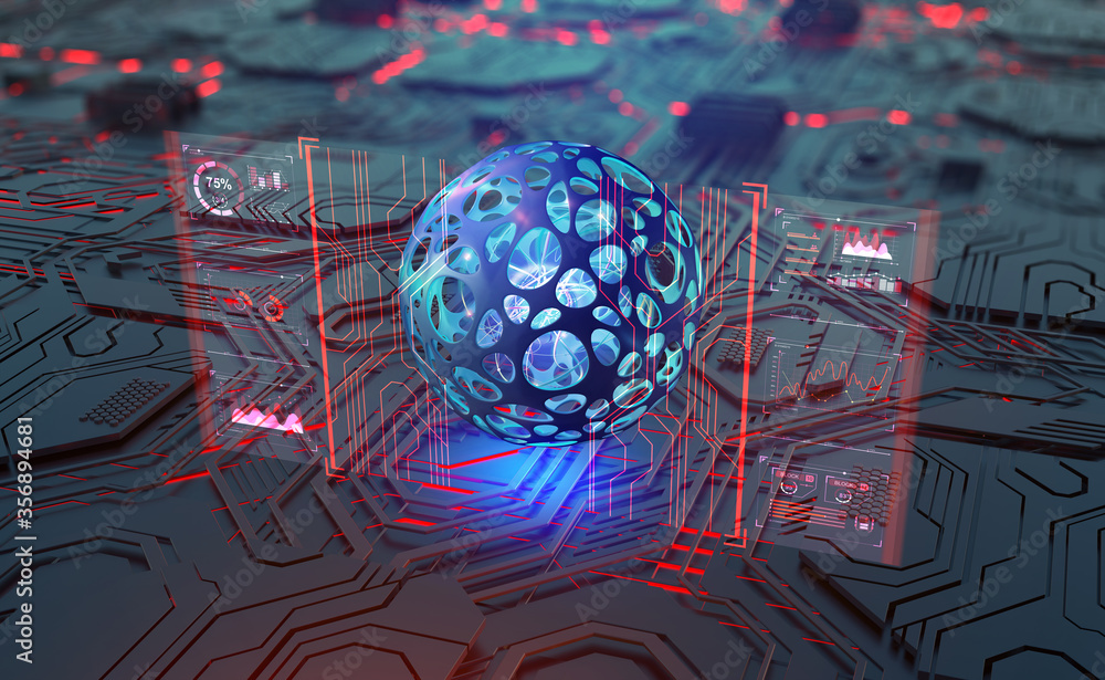 Poster Cyberspace and artificial intelligence 3D illustration. Digital technology and data security. Computer circuit and quantum processor concept