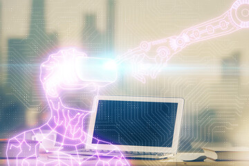 Computer on desktop with AR theme icon. Multi exposure. Concept of augmented reality.