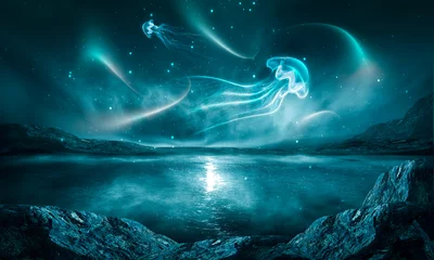 Foto op Plexiglas Blauwgroen Nacht fantasie natuurlijk landschap met bergen en oceaan. Nachtelijke hemel, sterren en silhouetten van neonkwallen. Donker futuristisch landschap in blauw neonlicht.