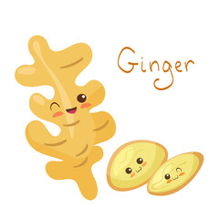 Kawaii Ginger root with slices vector character isolated on white background. Funny smiling spices with hand written lettering. Cute yummy healthy product mascot illustration. Kids menu concept. 