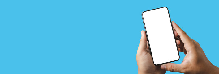 man using  Mock up a Cell Phone With Blank Screen space banner