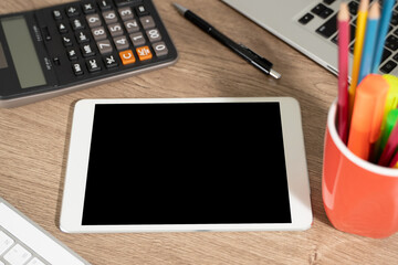 Laptop with blank screen on table. Workspace background new project on laptop computer with blank copy space screen for your advertising text message