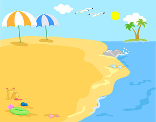 Fototapeta na wymiar Holidays on the beach, vector illustration scenery at the seaside