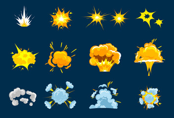 Cartoon vector illustration of bomb explosion effect, bomb boom with smoke. Animation game frames in flat style.