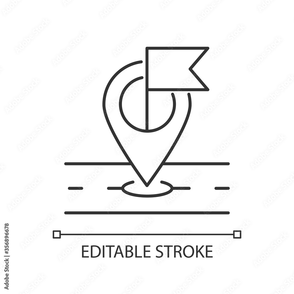 Poster destination marker pixel perfect linear icon. global positioning and tracking system, navigation thi