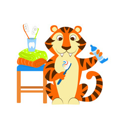 Tiger takes care of their healthy theeth. Wild cat brushes their teeth happily. 