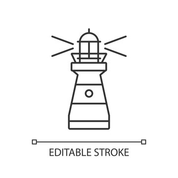 Lighthouse pixel perfect linear icon. Maritime navigational landmark thin line customizable illustration. Contour symbol. Building with searchlight vector isolated outline drawing. Editable stroke