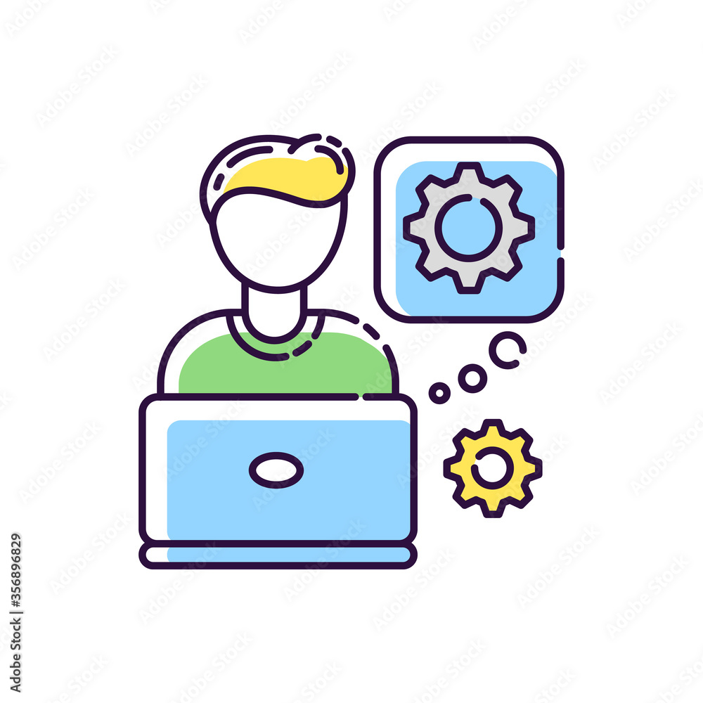 Poster computer engineer rgb color icon. professional program developer. hardware maintenance specialist. m