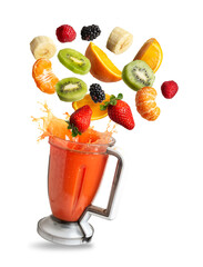 Blender with fruit flying, isolated from the background