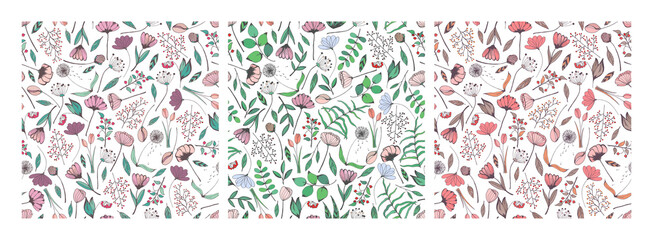 Hand drawn set collection seamless patterns of flowers, branches, leaves, berries, herbs. Spring colored floral illustration for design card, invitation, wallpaper, wrapping paper, fabric, textile