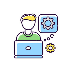 Computer engineer RGB color icon. Professional program developer. Hardware maintenance specialist. Modern technology workstation. Console setup, repair man. System repair. Isolated vector illustration