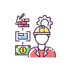Manufacturing engineer RGB color icon. Manufacturing project steps. Specialist to overview building progress. Development and production on construction site. Isolated vector illustration