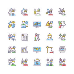 Civil engineering RGB color icons set. Professional female architect. Male builder to work on construction site. Heavy manufacturing production specialist. Isolated vector illustrations