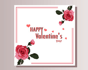 Valentine’s day rose flower card letter with frame, hearts and text design on white card. For Valentines, Mother’s and Wedding cover to template, banner, greeting card, boarder, event.