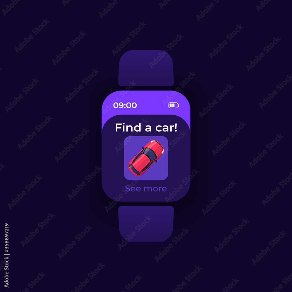 Poster find car smartwatch interface vector template. mobile app notification night mode design. carsharing