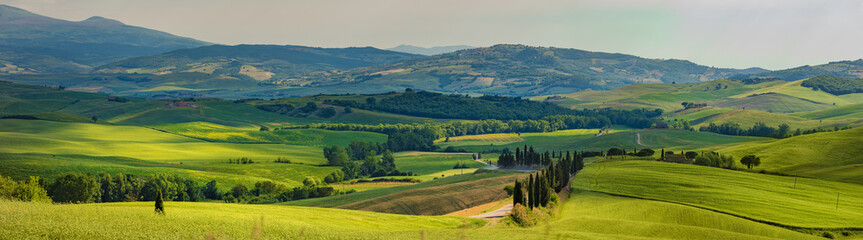 Beautiful and miraculous colors of green spring panorama landscape of Tuscany, Italy.