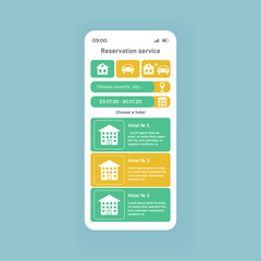 Reservation service smartphone interface vector template. Mobile app page white theme design layout. Accommodation searching and car sharing application screen. Flat UI for application. Phone display