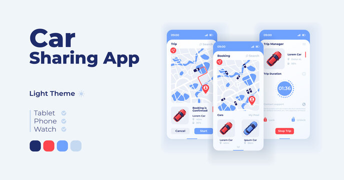Ridesharing cartoon smartphone interface vector templates set. Mobile app screen page day mode design. Transport rent service. Carpooling UI for application. Phone display with flat character