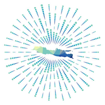 Shape of Java, polygonal sunburst. Map of the island with colorful star rays. Java illustration in digital, technology, internet, network style. Vector illustration.