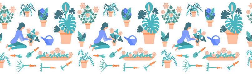 Seamless horizontal border.Happy young girl take care of indoor plants. Home hobby. Woman enjoys the domestic activity. female character in a flat style replants flowers. Vector drawing of gardening