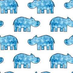 Seamless pattern with Hippo on white background, blue animal, hand drawn watercolor illustration
