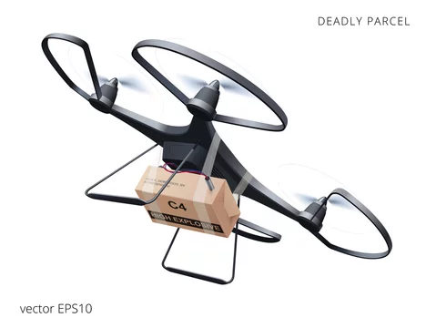 Vettoriale Stock Deadly delivery. Black drone armed with C4 explosive.  Unmanned multirotor device carrying a bomb in the cardboard package.  Quadcopter swoops down to make an assassination attempt. Anti-terror  concept. | Adobe