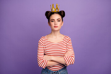 Photo of attractive boast lady students prom party arms crossed brag person arrogance look wear...