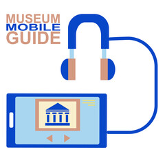 Art Museum Mobile Guide. Interactive gallery excursion. Smartphone Application for Tourists. Visit the museum online. Stay at home. Colorful vector illustration in flat style. Headphones and phone