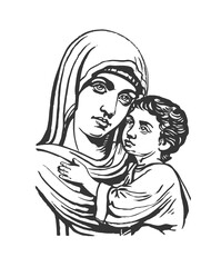 Madonna and Child Easter Holiday Sketch. Blessed Virgin Mary with Baby Jesus. Vector