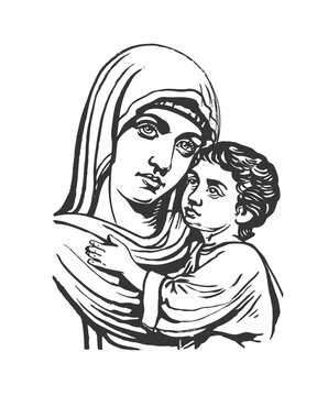 Madonna and Child Easter Holiday Sketch. Blessed Virgin Mary with Baby Jesus. Vector