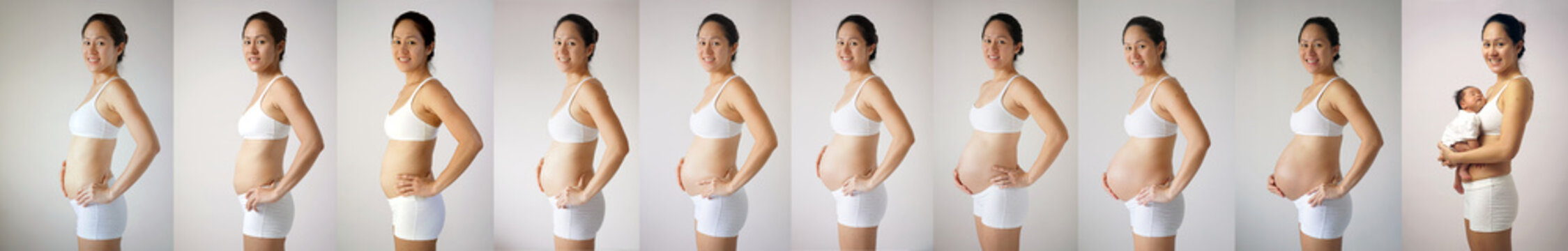 Series of pictures showing asian mother with her growing belly
