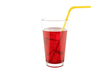 Glass of red drink with yellow straw on white background. Red water in a glass.