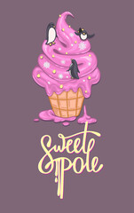 postcard ice cream in a waffle cup with Penguins