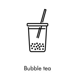 T&eacute; con tapioca en vaso de pl&aacute;stico. Icono plano lineal con texto Bubble tea en color negro