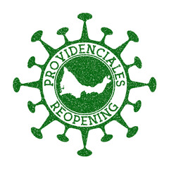 Providenciales Reopening Stamp. Green round badge of island with map of Providenciales. Island opening after lockdown. Vector illustration.